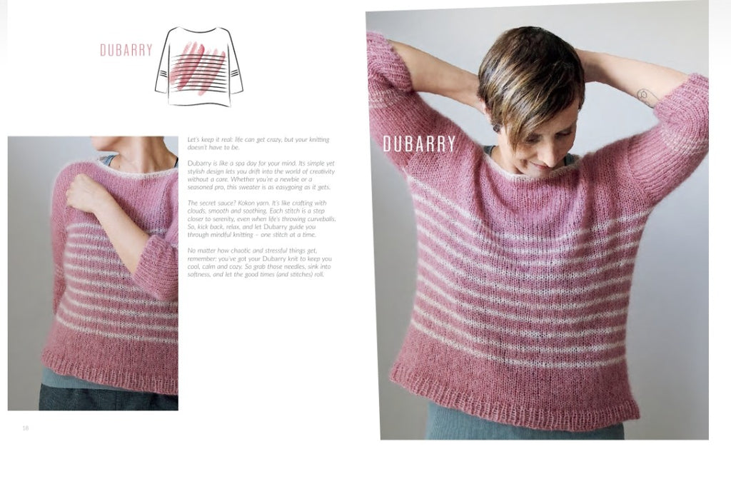 Woman wearing a pink striped sweater with 'Dubarry' branding, displayed against a neutral background.
