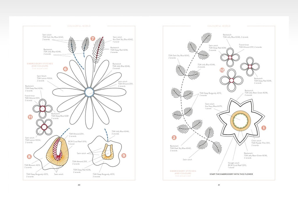 Illustrations of floral designs and their components on a white background