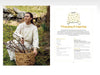 Woman in a white sweater holding a basket with branches, next to an image of a sweater and text on a white background.