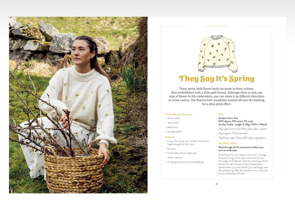 Woman in a white sweater holding a basket with branches, next to an image of a sweater and text on a white background.