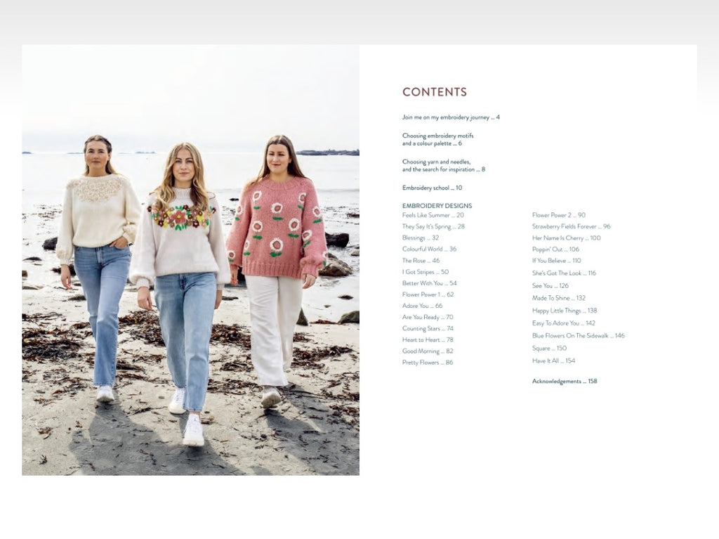 Three women walking on a beach wearing colorful sweaters with a magazine layout showing text on the right.