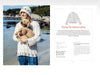 Woman holding a dog by a lake with a patterned fabric swatch on the right