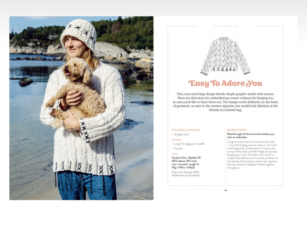 Woman holding a dog by a lake with a patterned fabric swatch on the right