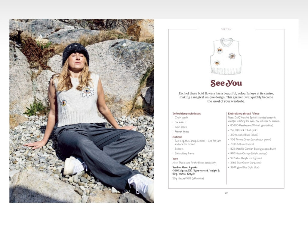 Person sitting on rocks with a product image and text overlay on a white background