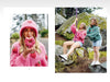Two images: one of a person in a pink outfit holding a donut, and another of two people sitting on rocks outdoors.