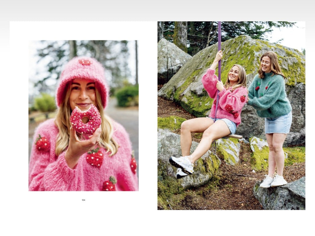 Two images: one of a person in a pink outfit holding a donut, and another of two people sitting on rocks outdoors.