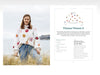 Woman wearing a white sweater with colorful flower patterns standing in a field, next to a text panel about 'Flower Power 2' pattern.