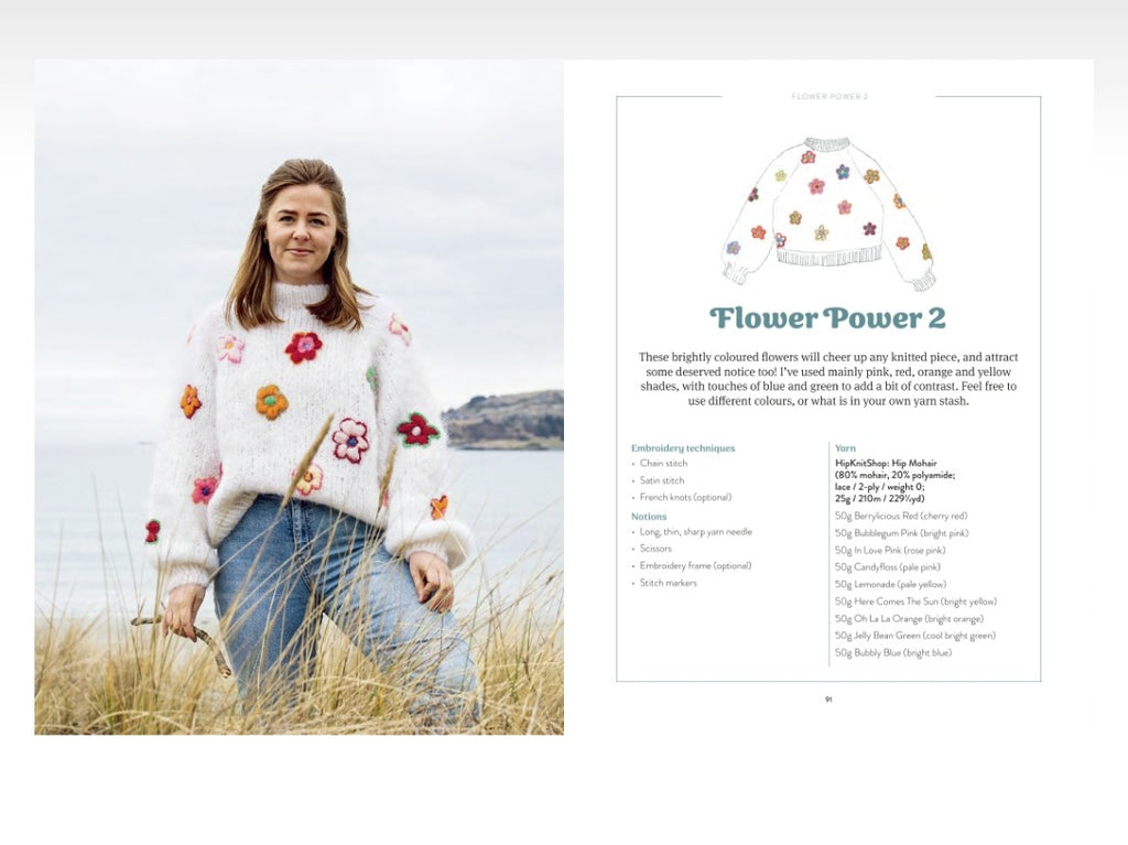 Woman wearing a white sweater with colorful flower patterns standing in a field, next to a text panel about 'Flower Power 2' pattern.