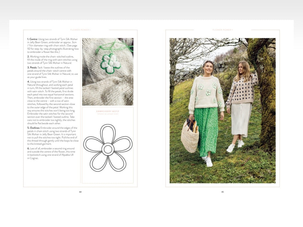 Magazine layout with two women in a garden, a flower design, and text on the left.