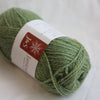 Green skein of yarn with a label on a white background