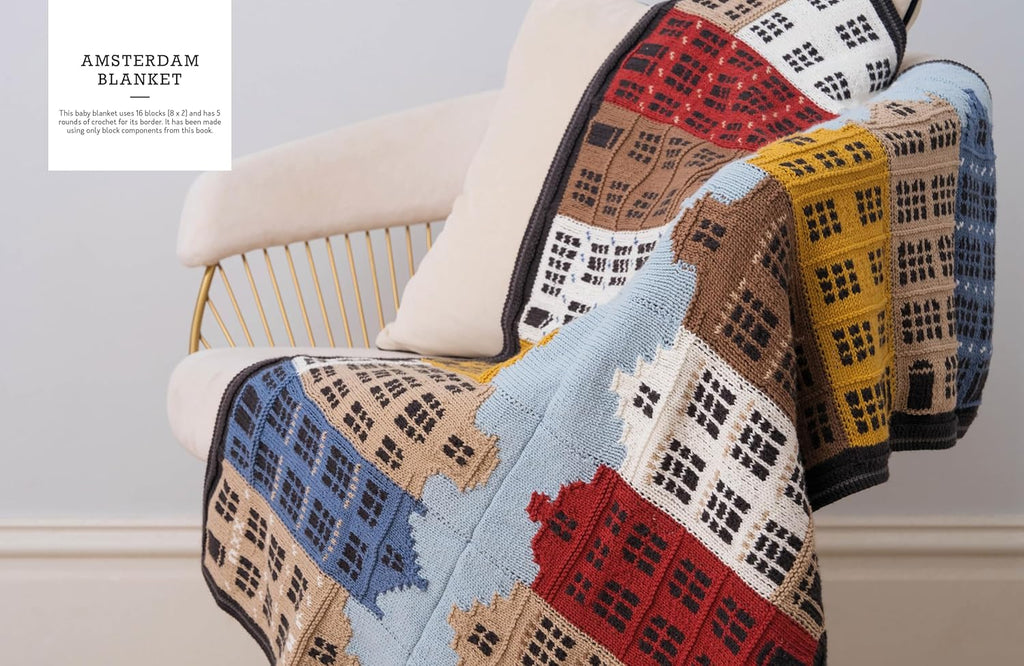 Knitted blanket with architectural pattern draped over a chair