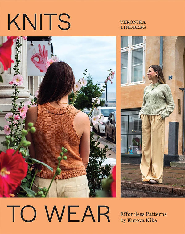 Book cover of 'Knits to Wear' by Veronika Lindberg with two images of a woman wearing knitted garments.