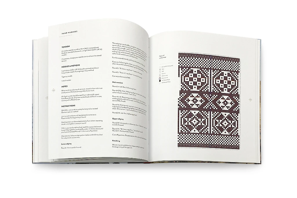Open book with text and a pattern on a white background