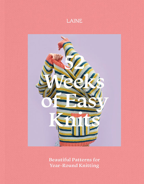 Cover of the book '52 Weeks of Easy Knits' featuring a colorful knitted hat on a pink background with the title and author information.