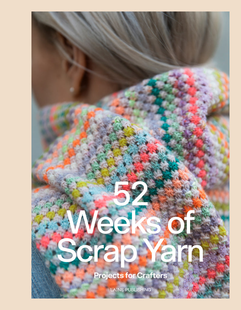 A colorful crochet scarf with the title '52 Weeks of Scrap Yarn' displayed on the cover.