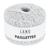 A ball of silver paillette yarn with a white paper label reading 'LANG YARNS PAILLETTES' on a plain white background.