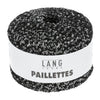 A single ball of black and white paillette yarn with a white paper label reading 'LANG YARNS PAILLETTES' on a plain white background.