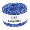 A ball of blue and white paillette yarn with a white paper label reading 'LANG YARNS PAILLETTES' on a plain white background.