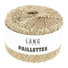 Ball of gold yarn with 'Lang Yarns Paillettes' label on a white background