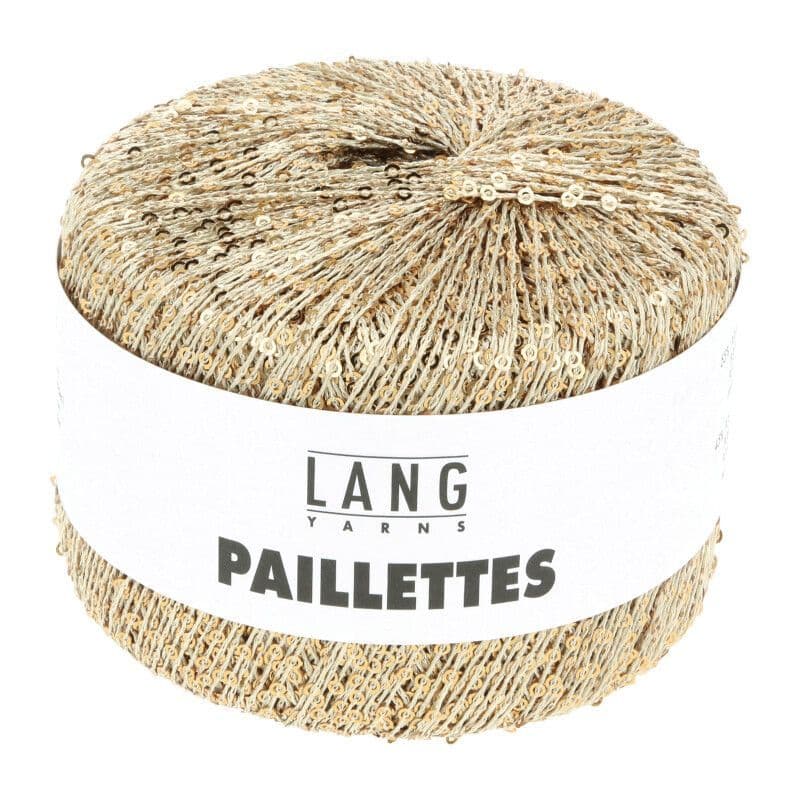 Ball of gold yarn with 'Lang Yarns Paillettes' label on a white background