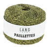 Green yarn ball with 'Lang Yarns Paillettes' label on a white background