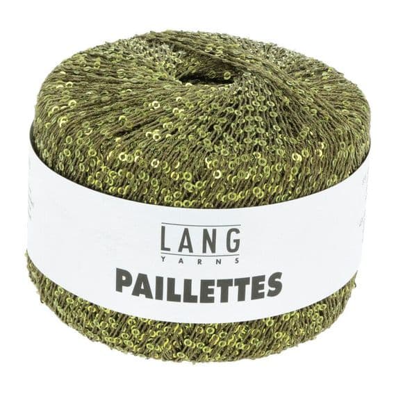 Green yarn ball with 'Lang Yarns Paillettes' label on a white background
