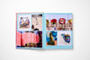 Open book displaying colorful images of clothing and accessories on a white background