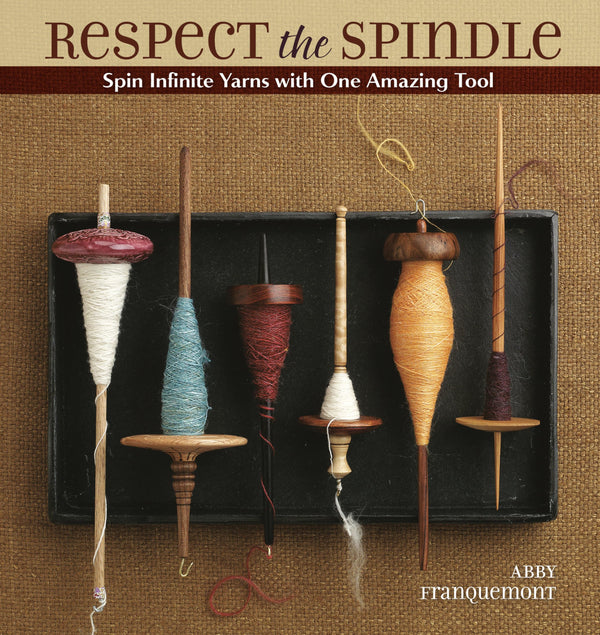 Book cover of 'Respect the Spindle' with spinning wheels and yarn on a textured background