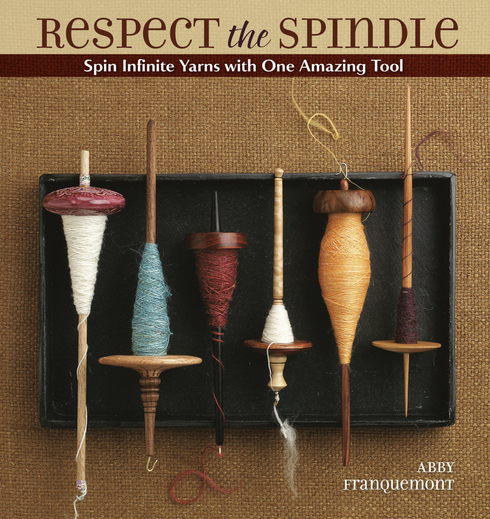 Book cover of 'Respect the Spindle' with spinning wheels and yarn on a textured background