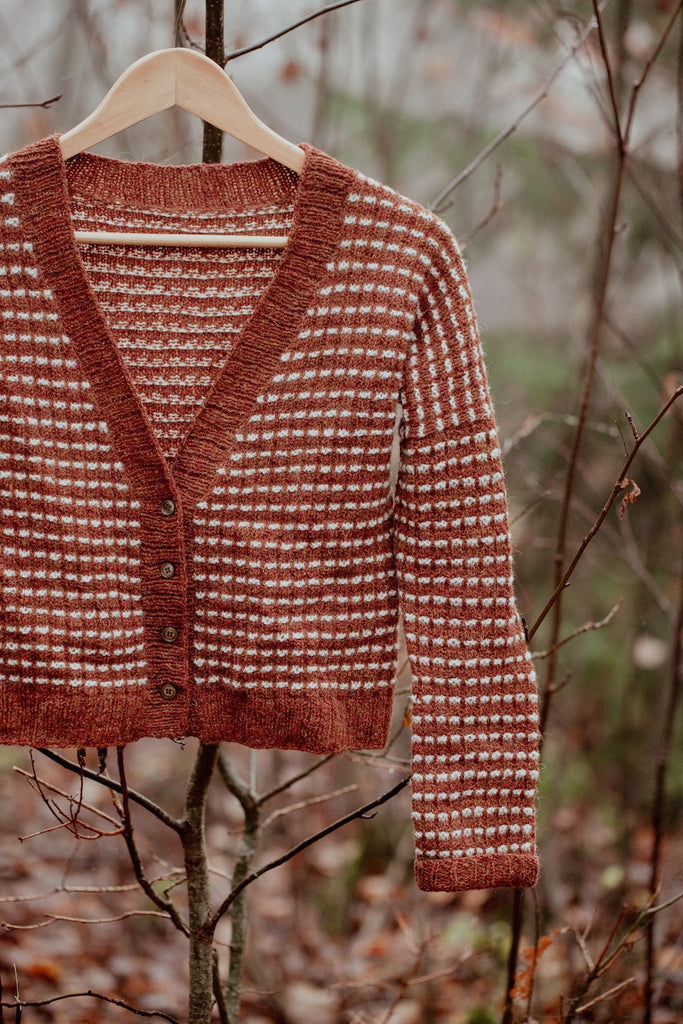 Knitted sweater with a checkered pattern hanging on a branch in a forest setting