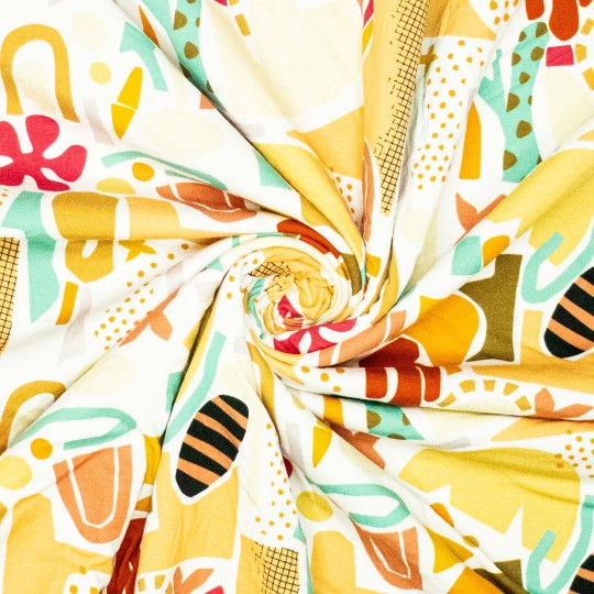 Colorful fabric with abstract patterns in a swirl arrangement