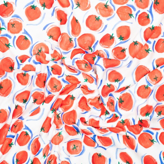 Pattern of red tomatoes with green stems on a white background