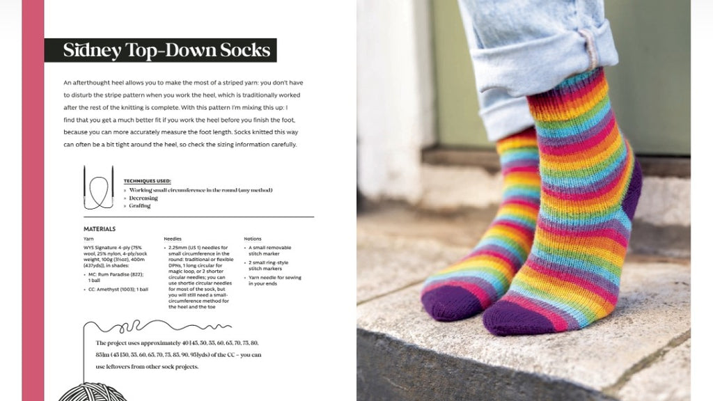 A knitting pattern booklet page showing the 'Sidney Top-Down Socks' project, with text instructions on the left and a photo of a person's feet wearing rainbow-striped socks on the right.