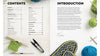 An open book or booklet spread showing the 'CONTENTS' and 'INTRODUCTION' pages, with knitting needles, yarn balls in green and blue, and a knitted swatch on a light surface.