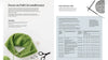 An open booklet or guide spread showing knitting instructions and a size chart. The left page has text titled 'Focus on Full Circumference' with a green knitted swatch, scissors, and ring binder clips on a white background.