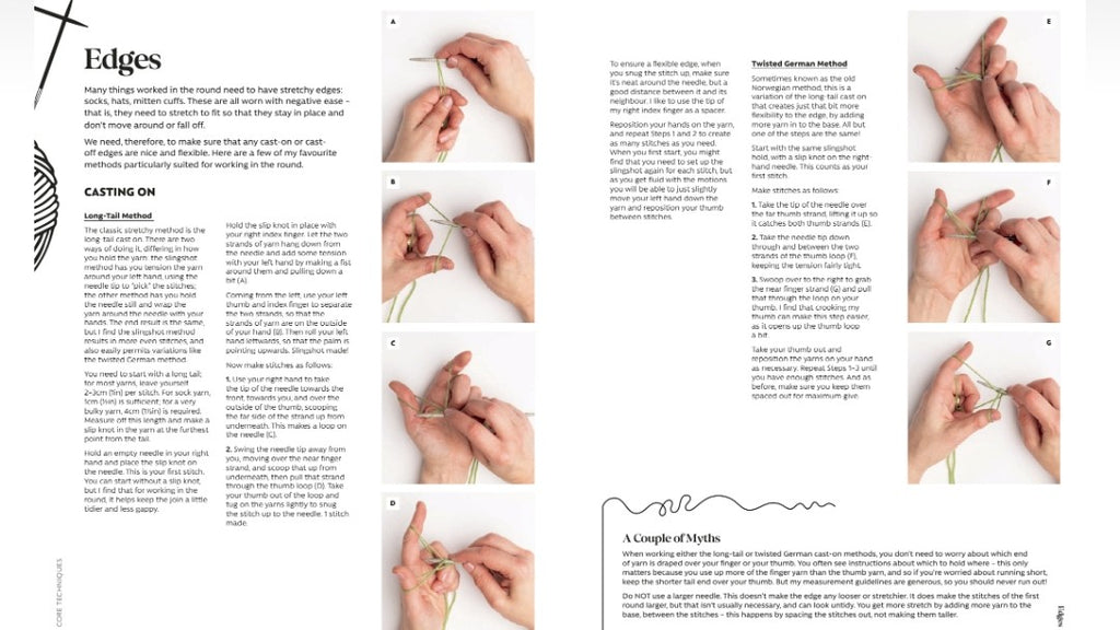 A printed knitting instruction page with text and multiple small photos showing hands performing knitting steps. The page includes headings such as 'Edges' and 'Cast on' and shows the product context as an instructional how-to rather than a clean product shot.