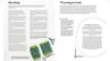 A two-page knitting instruction spread with text headings 'Blocking' and 'Weaving in Ends,' plus a small photo of knitted swatches and scissors near the bottom.