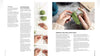 An open book or magazine spread showing a knitting instruction page with text, small photos of hands holding yarn and knitting needles, and a larger photo of hands crocheting a green knitted piece.