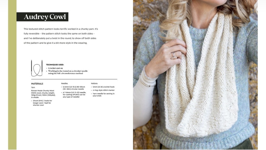 A knitting pattern booklet page titled 'Audrey Cowl' showing the written instructions and yarn information on the left, and a photo of a woman wearing a cream cable-knit cowl sweater vest over a gray top on the right.