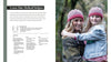 A printed booklet or magazine page showing a photo of a woman and child wearing pink and white striped knit hats, alongside text titled 'Lowe Hat: Helical Stripes' and a small diagram of the hat's shape.