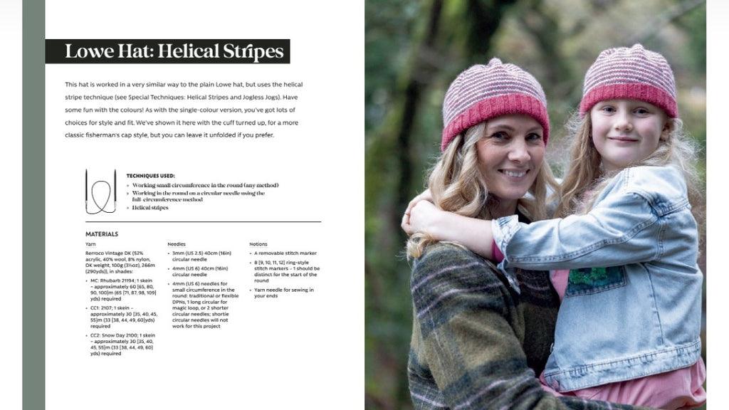 A printed booklet or magazine page showing a photo of a woman and child wearing pink and white striped knit hats, alongside text titled 'Lowe Hat: Helical Stripes' and a small diagram of the hat's shape.