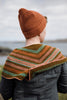 A person shown from behind wearing a rust orange knit beanie and a striped knit shawl in earthy brown, teal, and coral tones, photographed outdoors with a blurred overcast sky and water in the background.