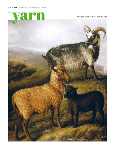 Cover of 'yarn' magazine featuring a painting of sheep and goats in a landscape.