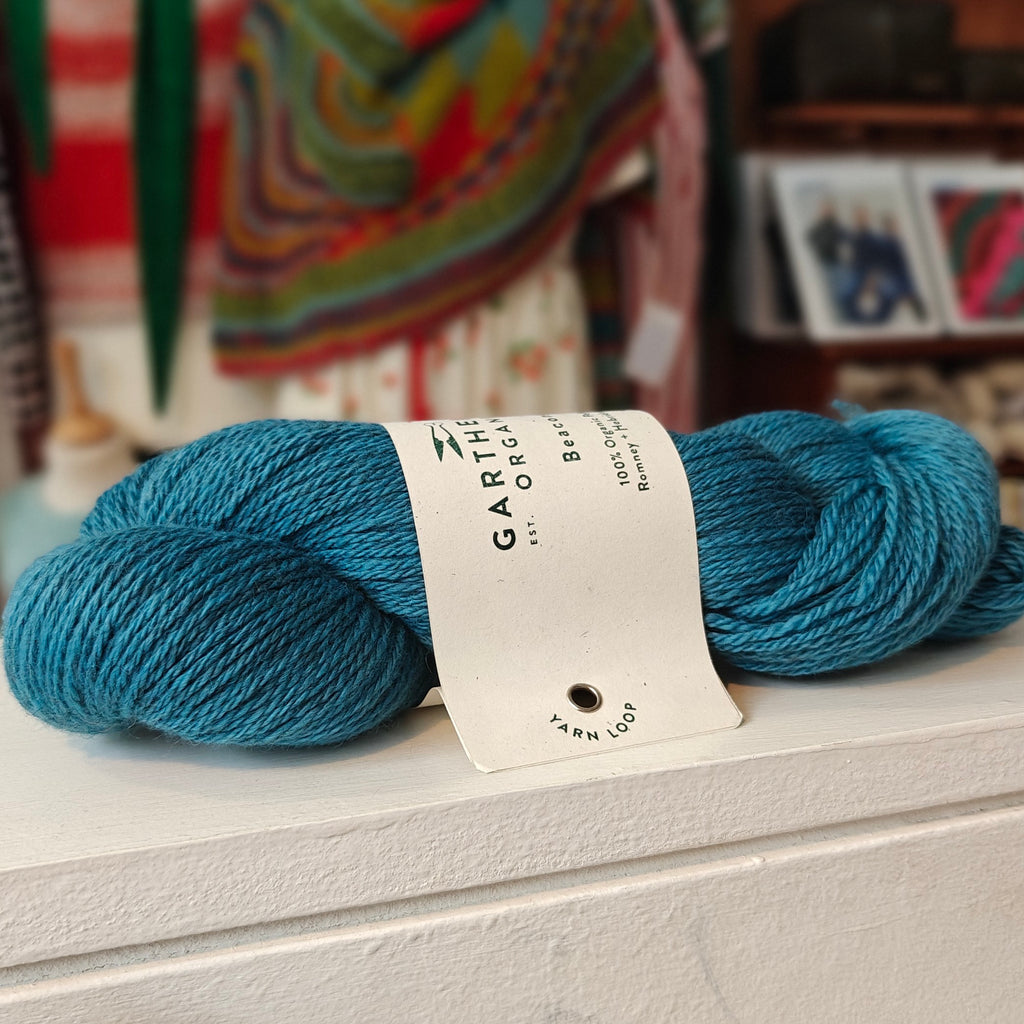 a skein of teal blue yarn on a shelf in a shop