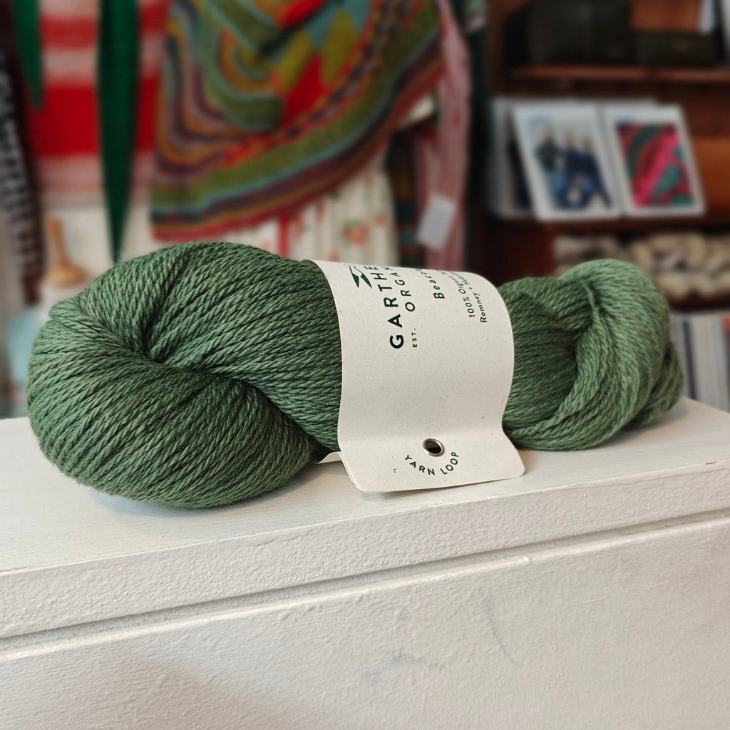 skein of green wool on a shelf in a shop