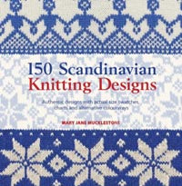 The cover of the book '150 Scandinavian Knitting Designs' by Mary Jane Mucklestone, featuring a knitted pattern with geometric and reindeer motifs.