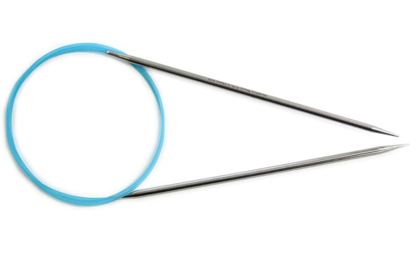 A pair of stainless steel sharp knitting needles with a flexible blue cable.