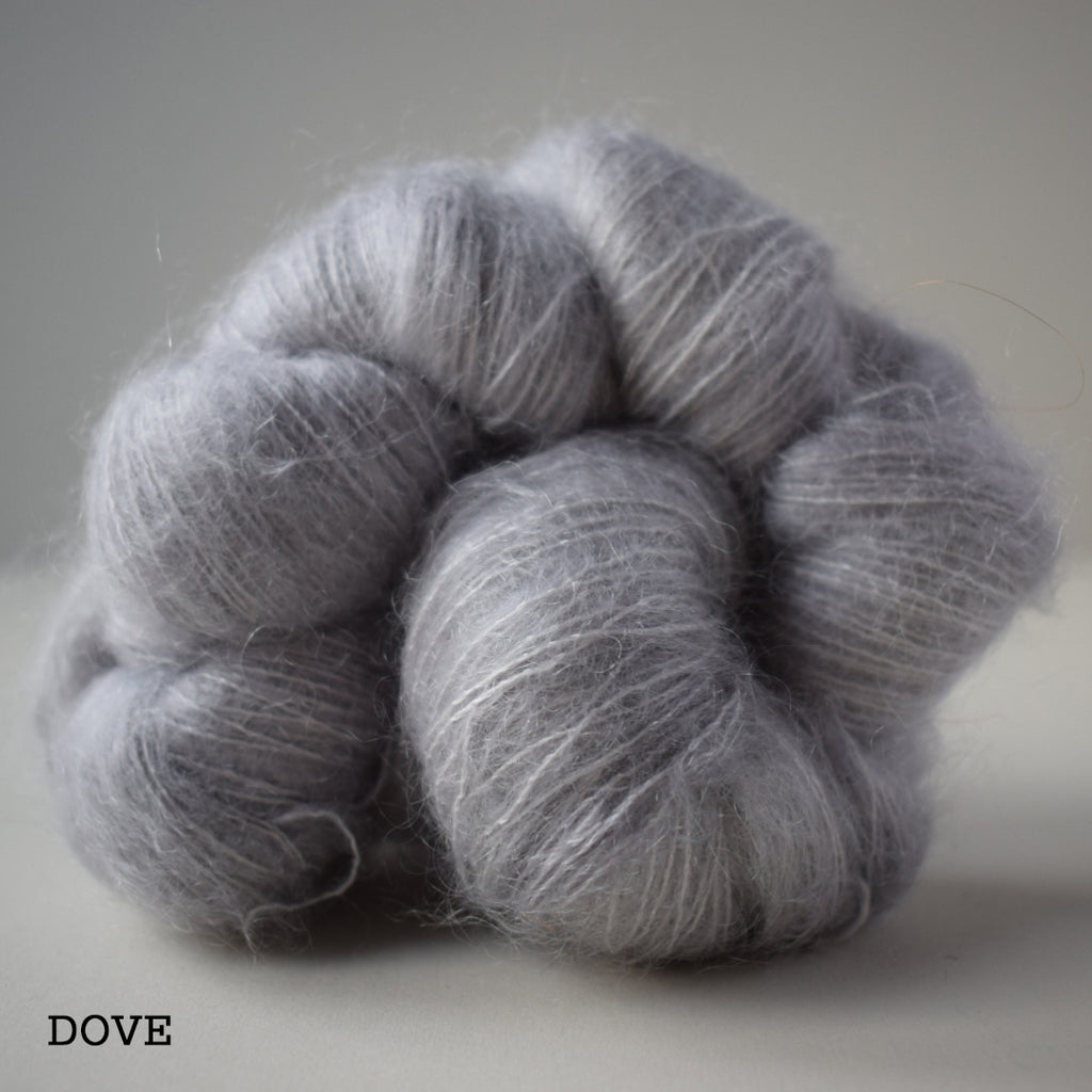 gingers hand dyed leading lady lace mohair silk hand dyed styled shot lace weight indie dyed yarn light grey dove gray