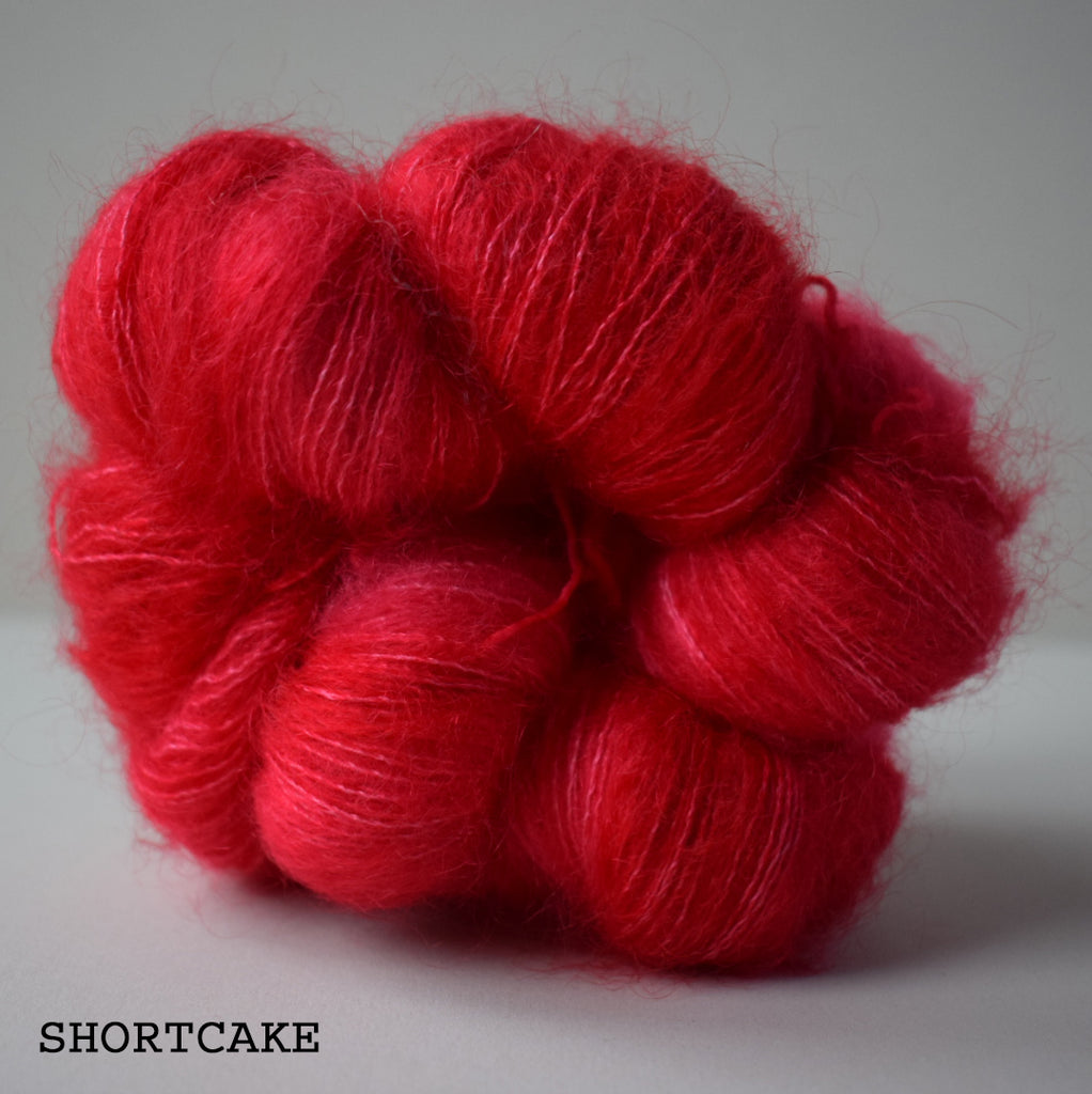 gingers hand dyed leading lady lace mohair silk hand dyed styled shot lace weight indie dyed yarn shortcake raspberry pink red